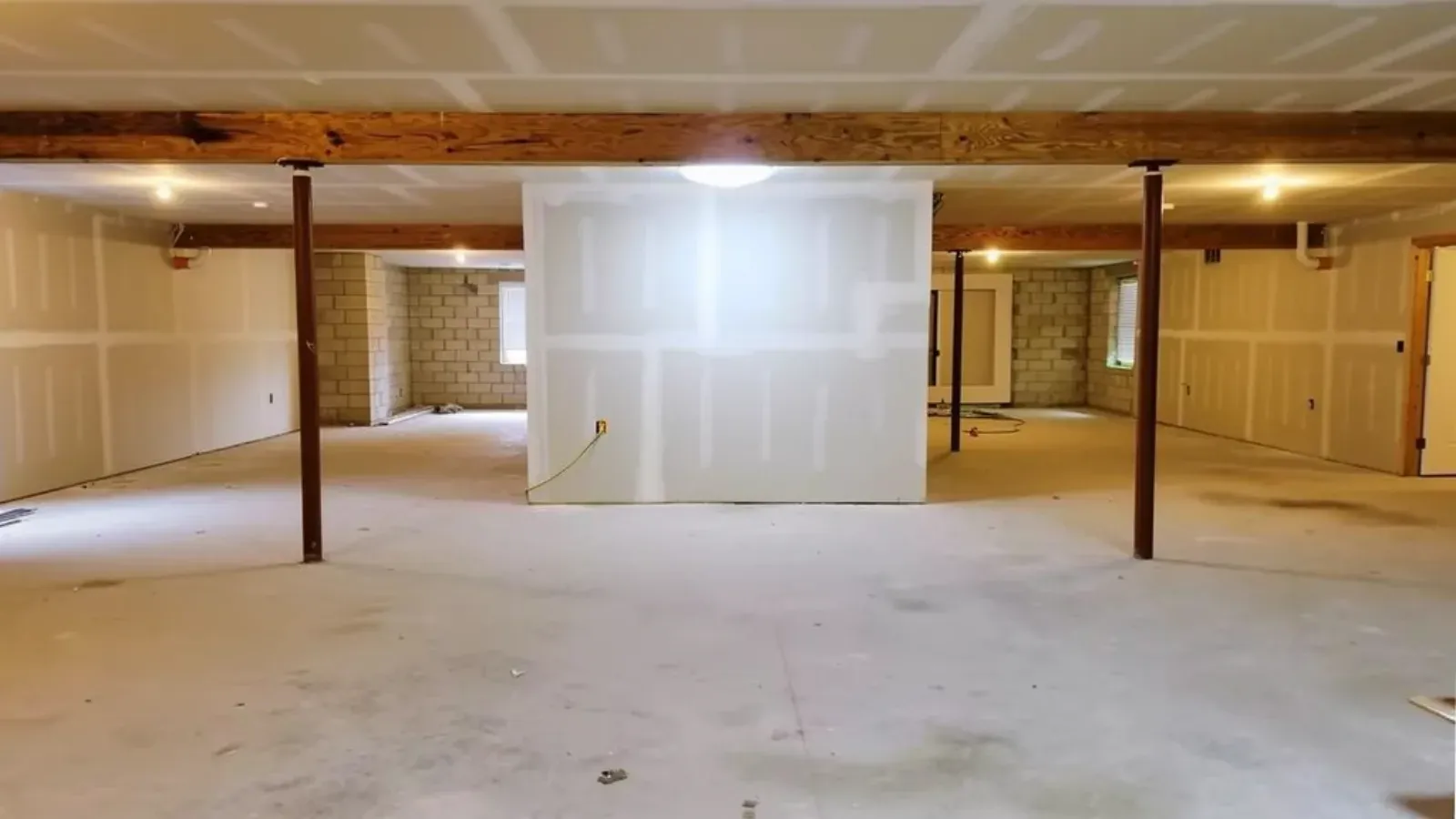 An open basement interior with a newly drywalled partition wall, its seams taped and coated, under a taped drywall ceiling