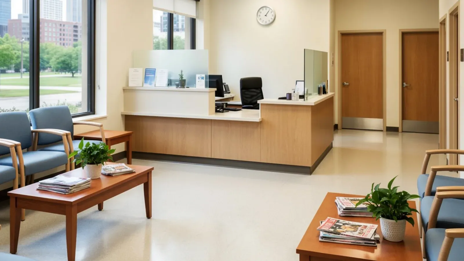 A medical office waiting area with a reception desk behind a privacy screen and upholstered waiting chairs by a window wall
