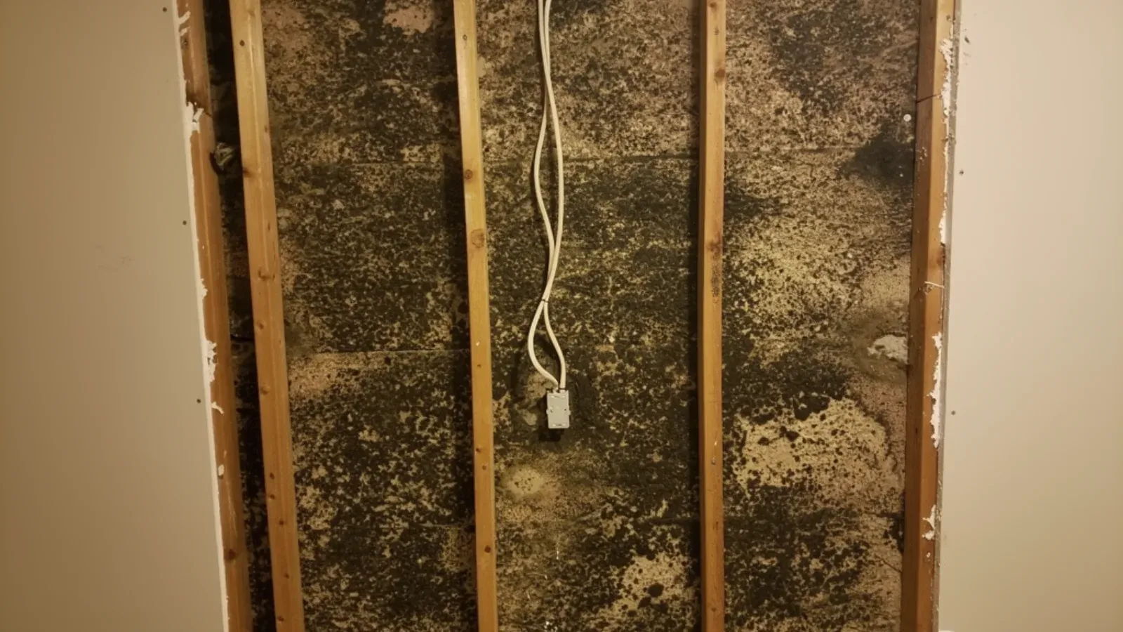 An interior wall opened to the wooden studs, revealing dense mould growth across the cavity surface behind
